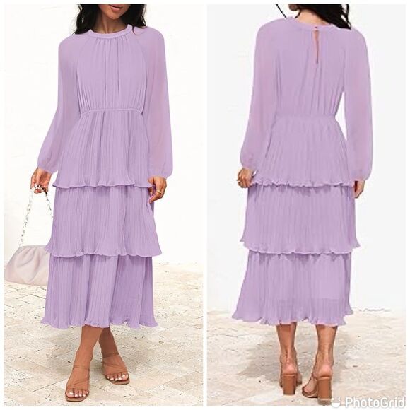 ZESICA Long Sleeve Crew Neck Ruffle Tiered Layered Chiffon Flowy Swing Midi Dres - Picture 1 of 13